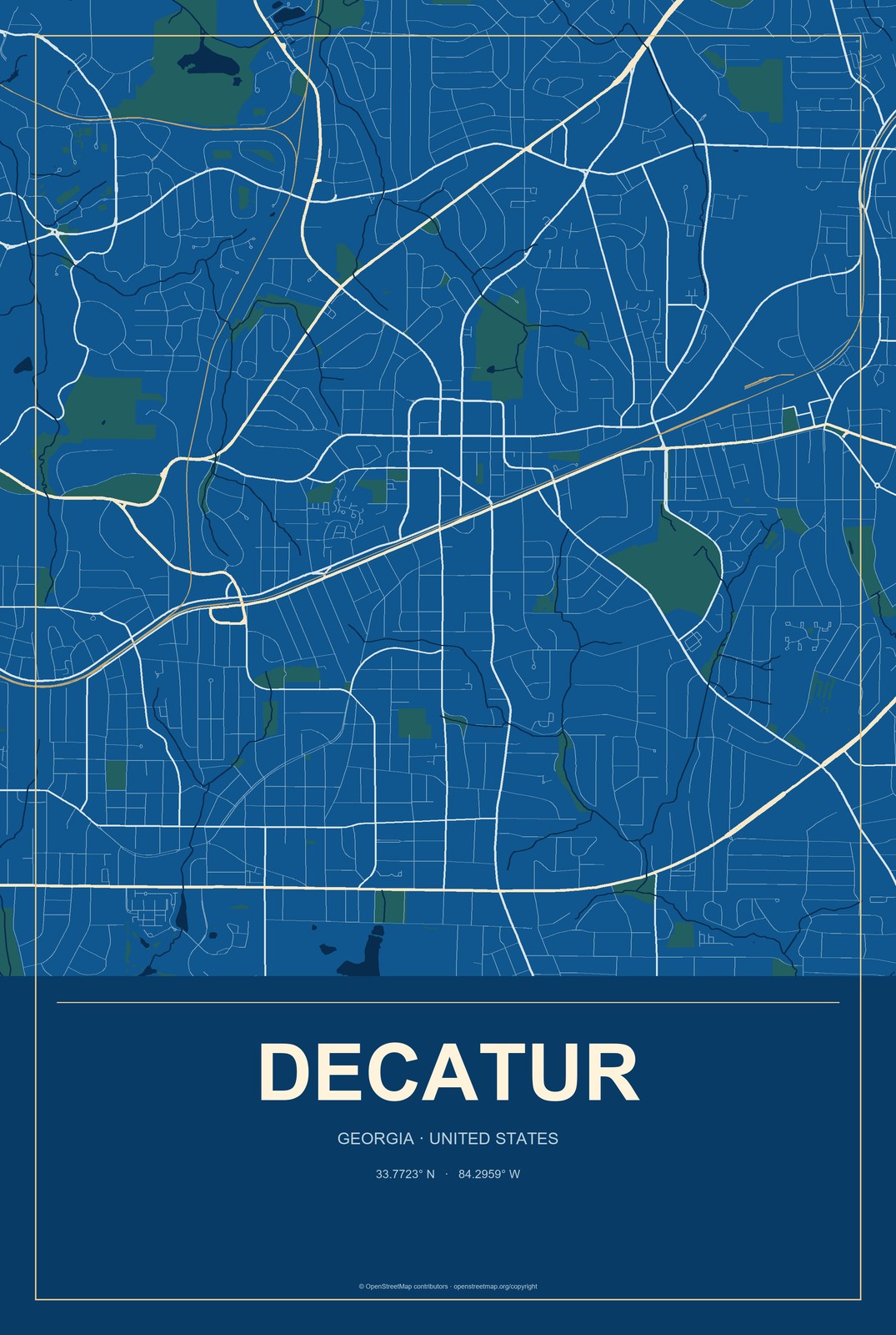 Decatur, Georgia City Map Aluminum Sign in Harbor Cobalt style