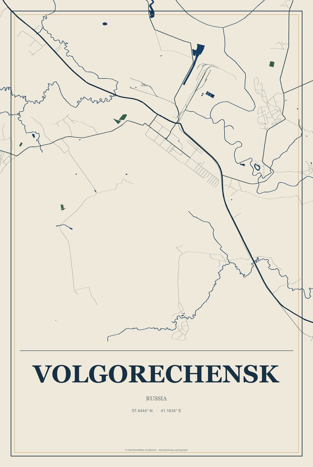 Volgorechensk, Russia City Map Aluminum Sign in Coastal Cutout style