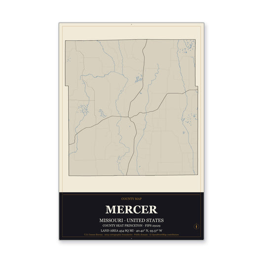 Mercer County, Missouri Map Aluminum Sign in Museum Plaque style