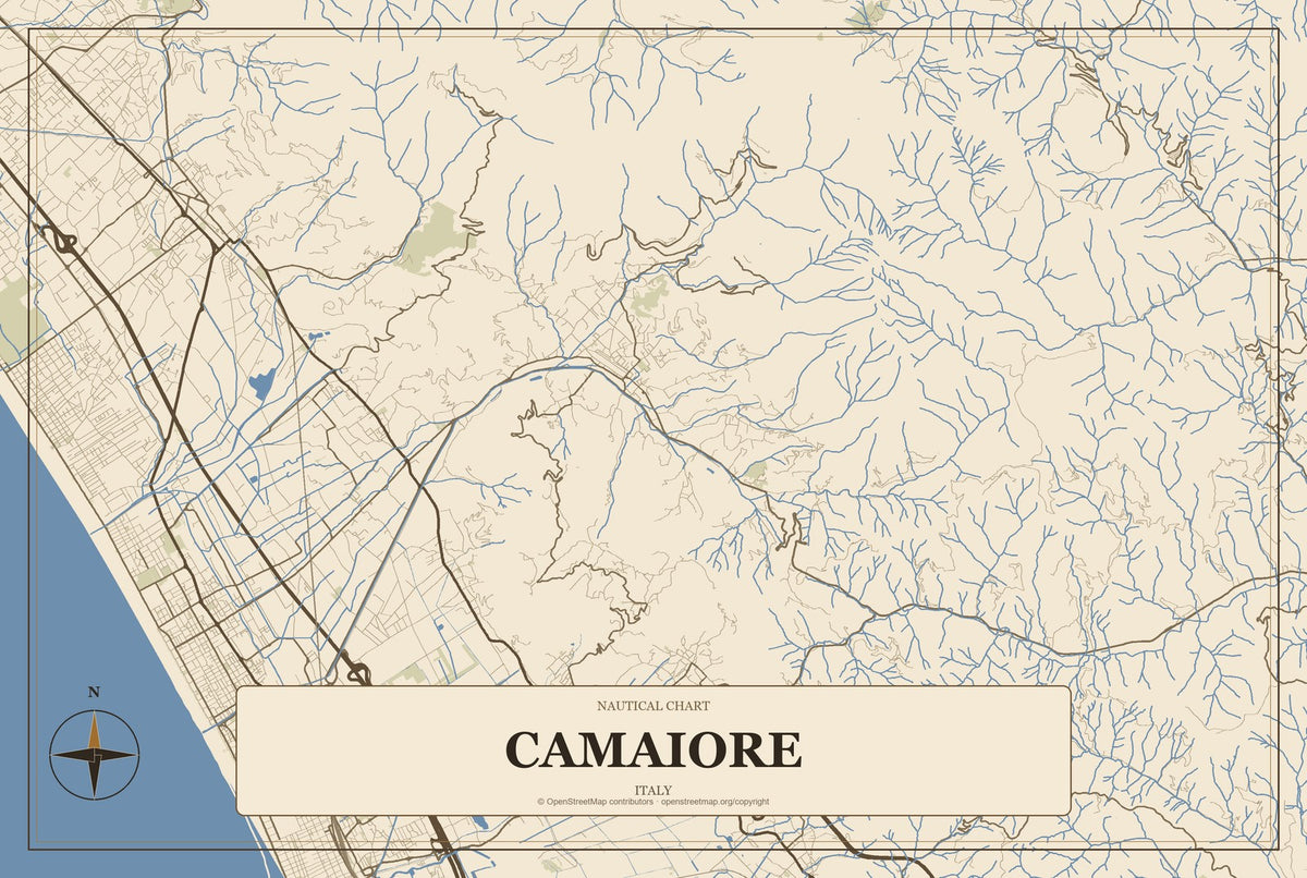 Camaiore, Italy City Map Aluminum Sign in Heritage Nautical style