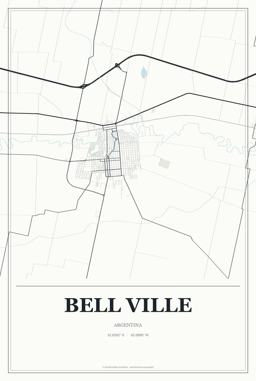 Bell Ville, Argentina City Map Aluminum Sign in Gallery Air style
