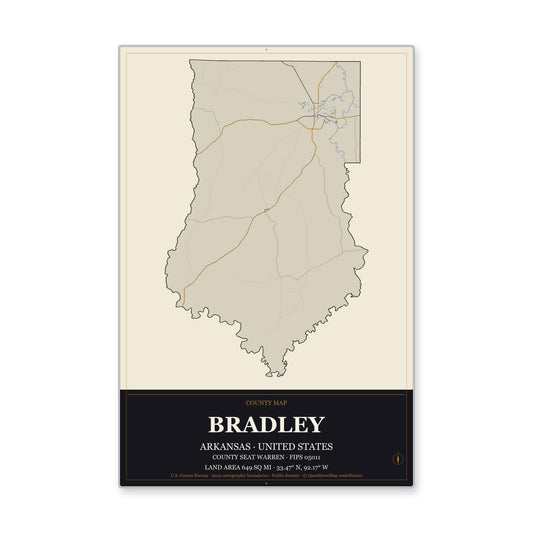 Bradley County, Arkansas Map Aluminum Sign in Museum Plaque style