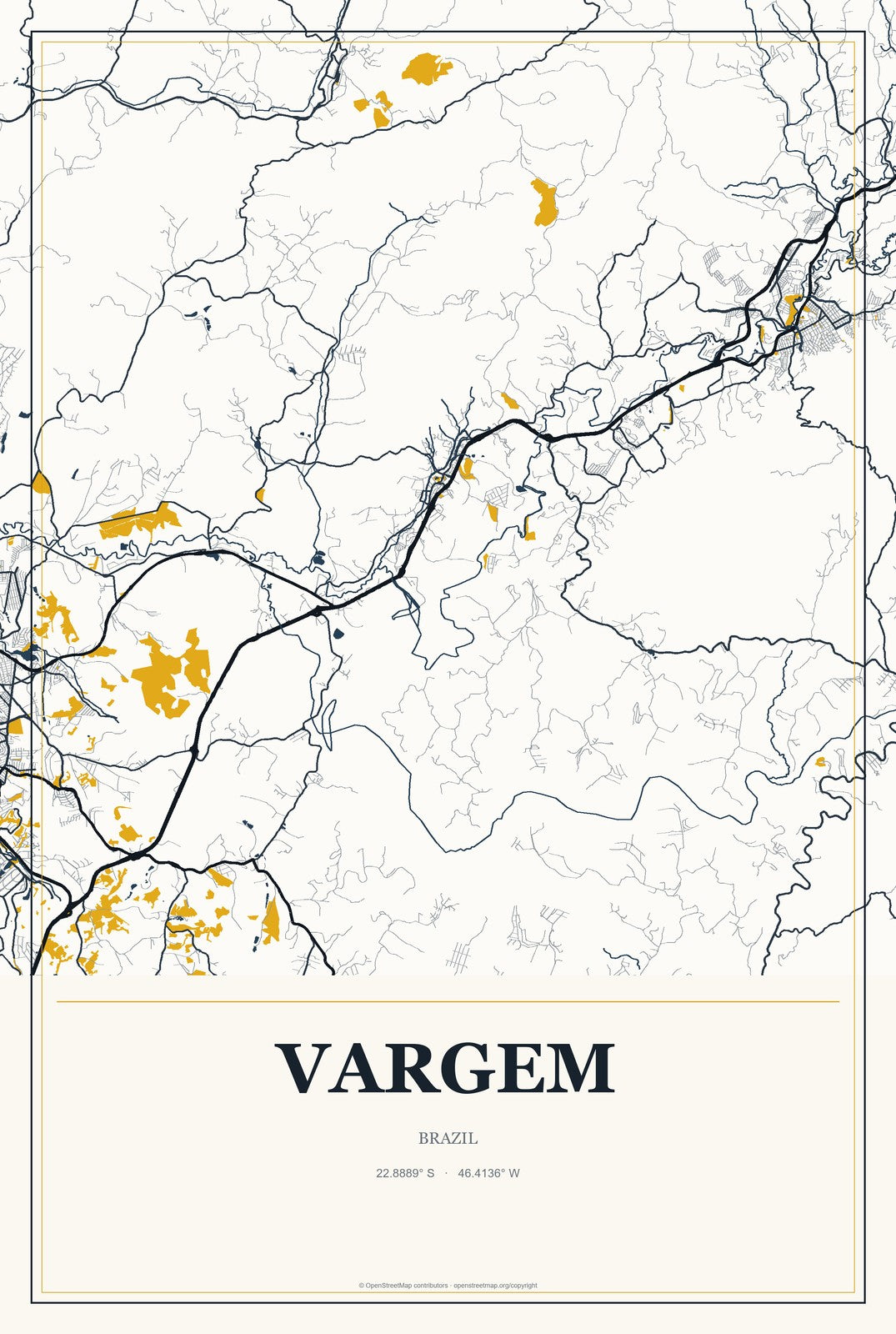 Vargem, Brazil City Map Aluminum Sign in Citrine Modern style