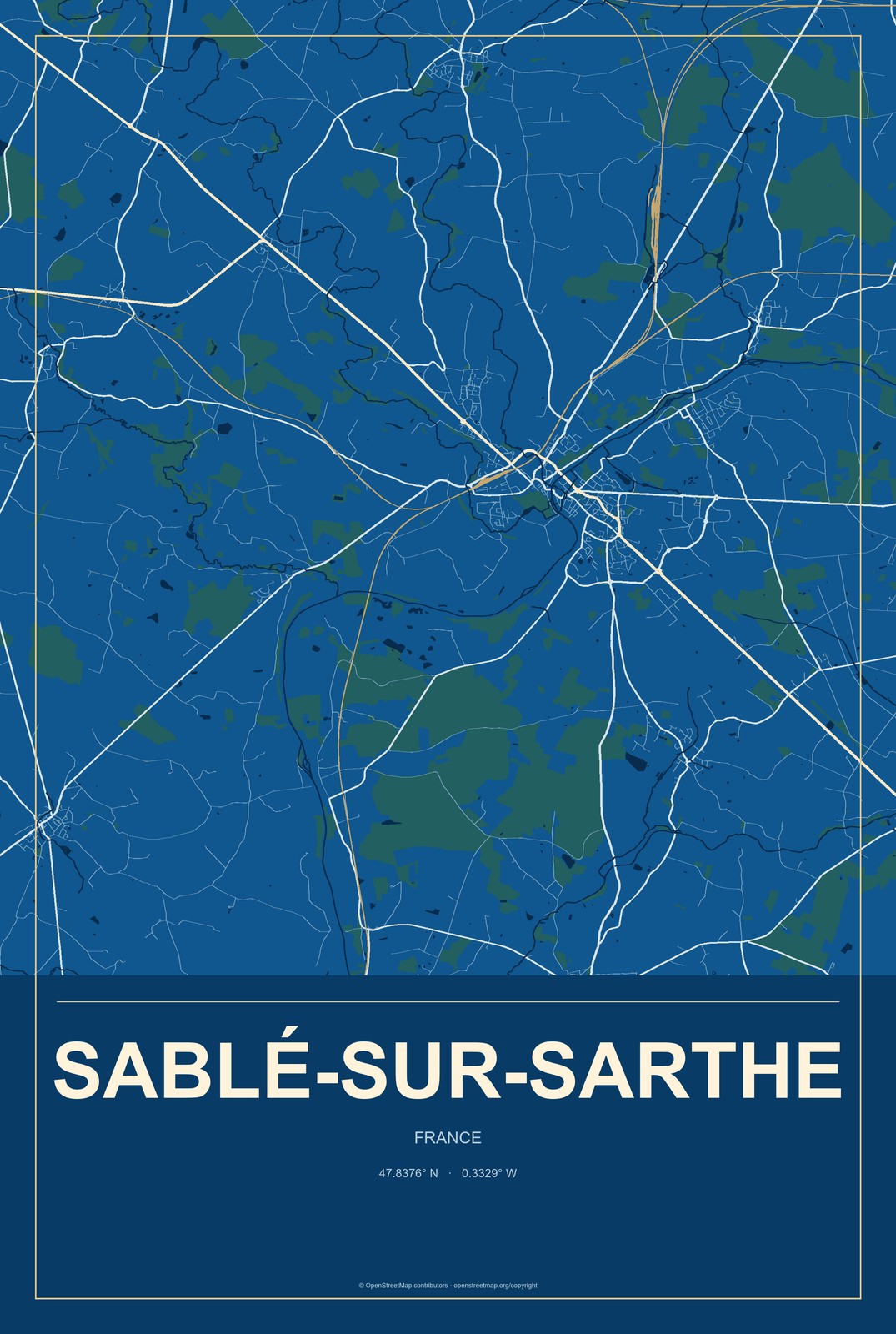 Sablé-sur-Sarthe, France City Map Aluminum Sign in Harbor Cobalt style