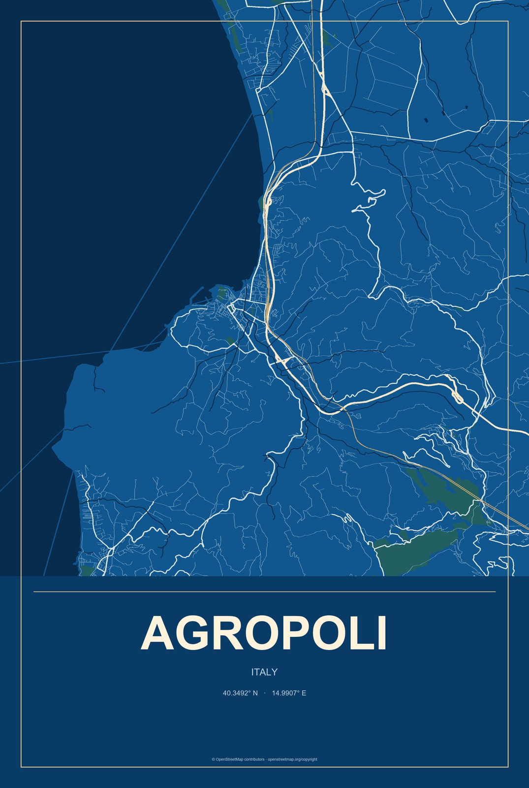 Agropoli, Italy City Map Aluminum Sign in Harbor Cobalt style