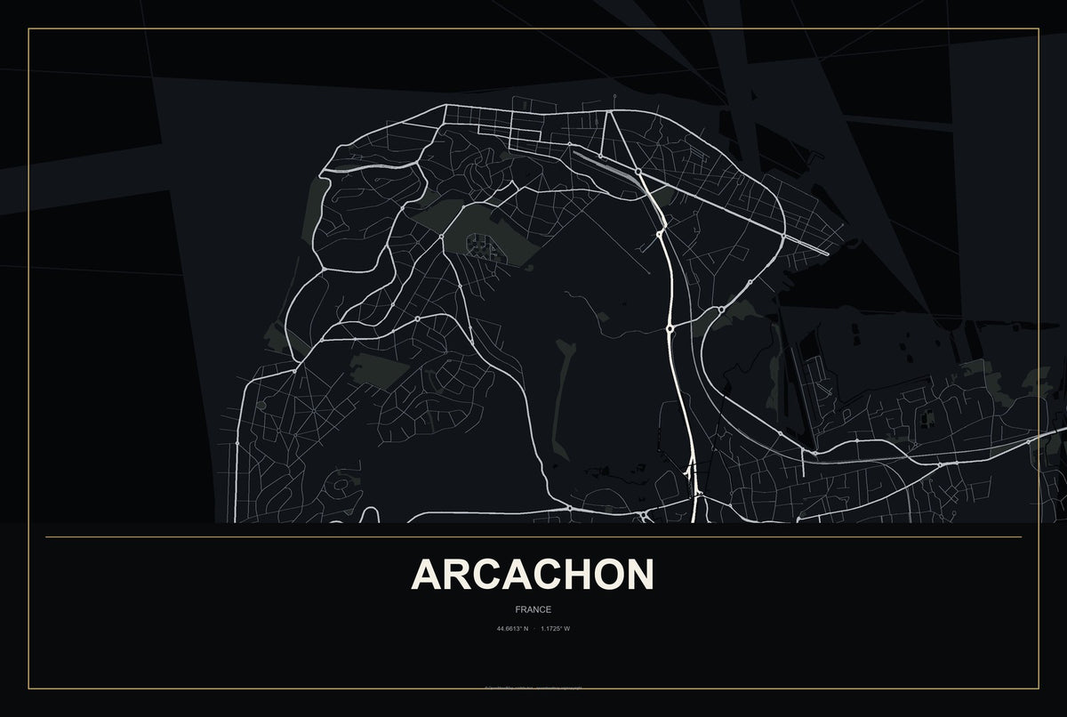 Arcachon, France City Map Aluminum Sign in Metropolitan Noir style