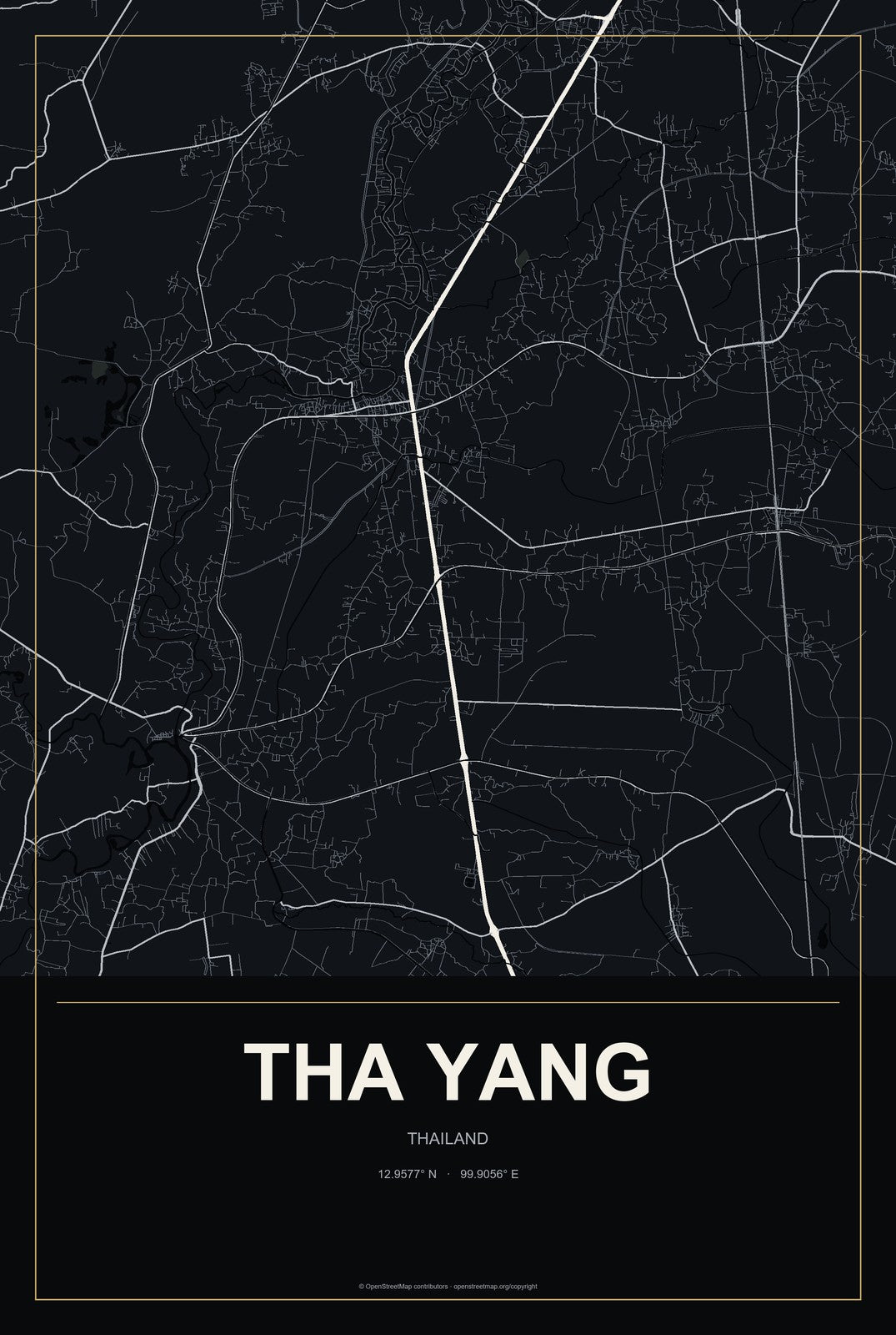 Tha Yang, Thailand City Map Aluminum Sign in Metropolitan Noir style