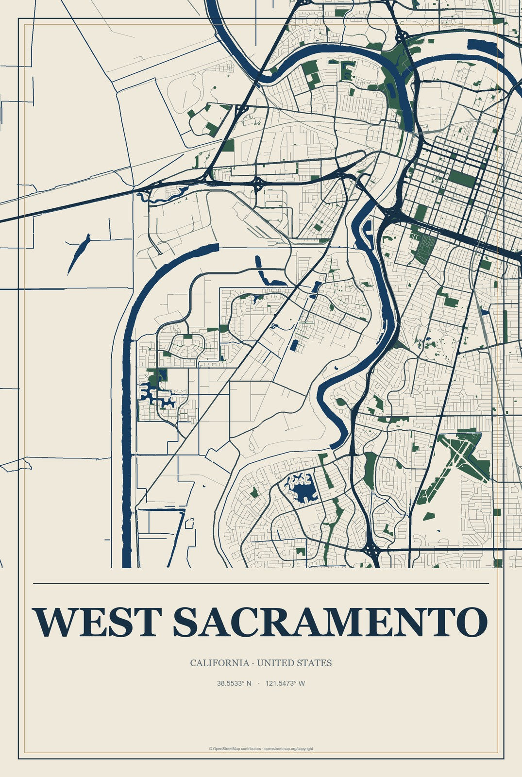 West Sacramento, California City Map Aluminum Sign in Coastal Cutout style