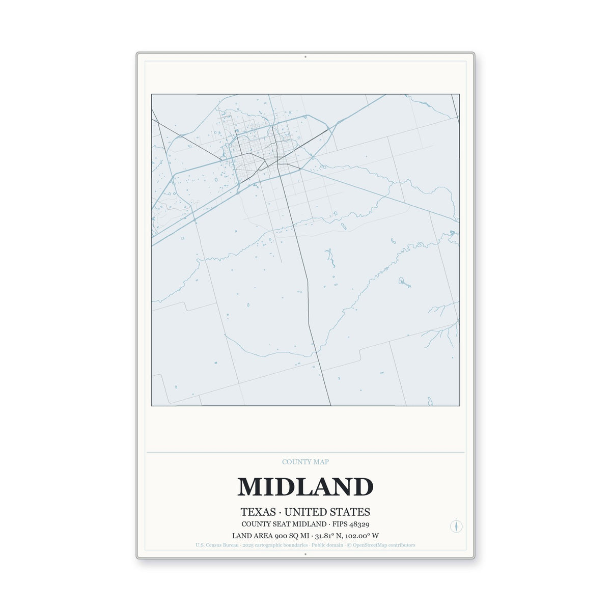 Midland County, Texas Map Aluminum Sign in Gallery Air style