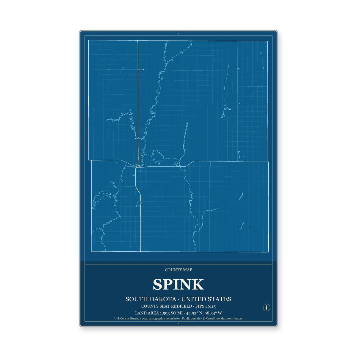 Spink County, South Dakota Map Aluminum Sign in Harbor Cobalt style