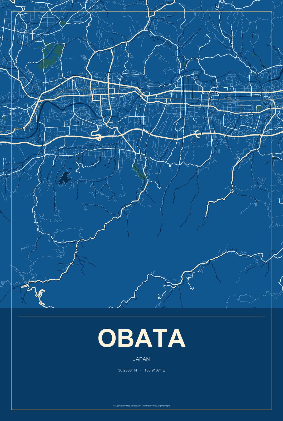Obata, Japan City Map Aluminum Sign in Harbor Cobalt style