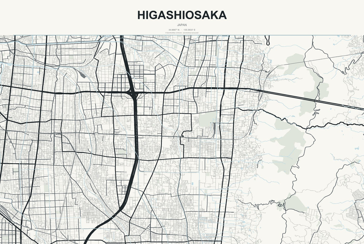 Higashiosaka, Japan City Map Aluminum Sign in Headline Atlas style