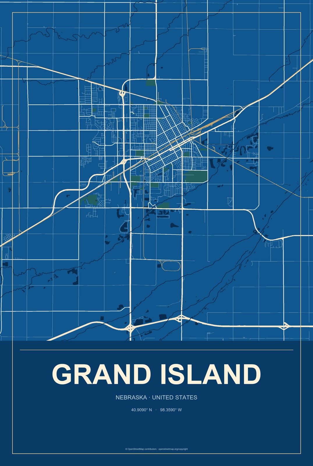 Grand Island, Nebraska City Map Aluminum Sign in Harbor Cobalt style