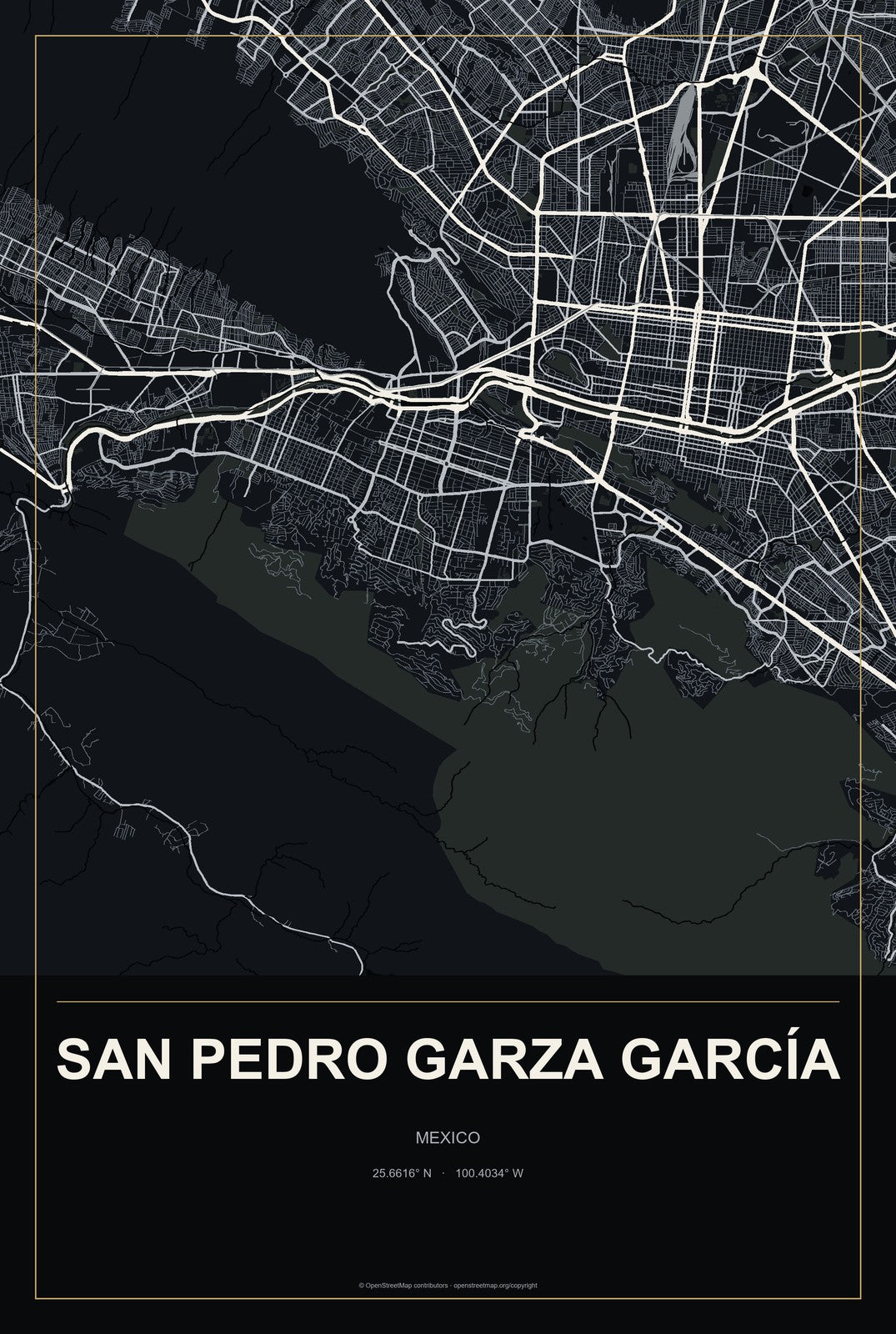 San Pedro Garza García, Mexico City Map Aluminum Sign in Metropolitan Noir style