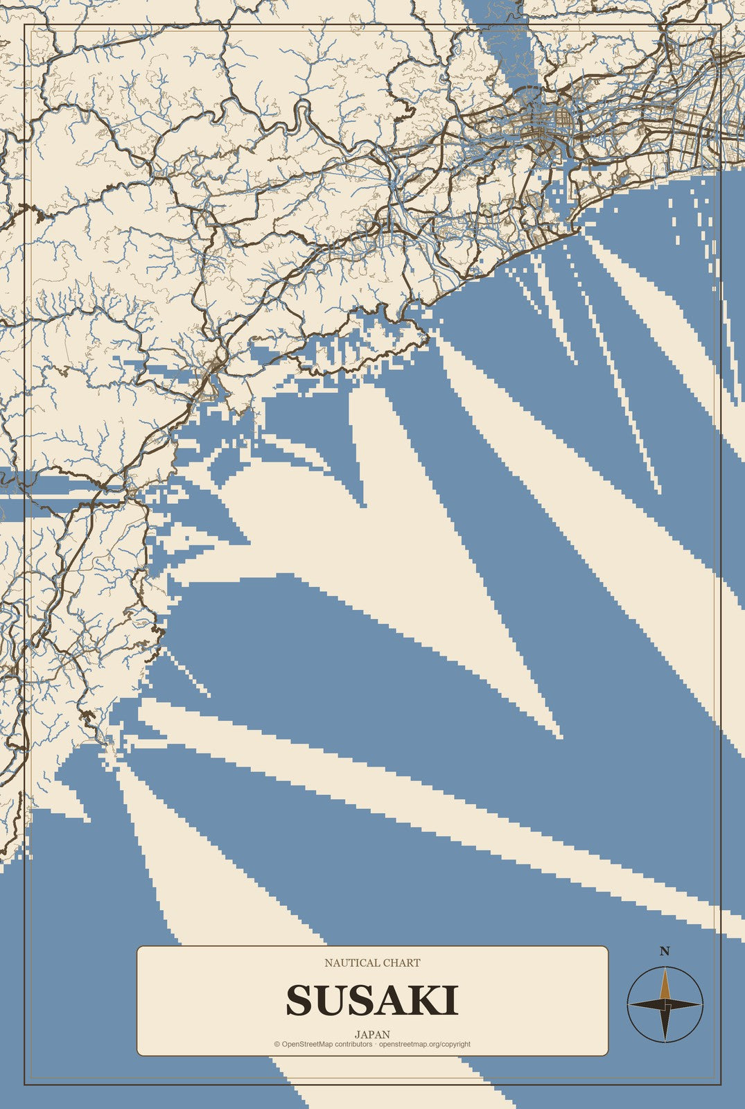 Susaki, Japan City Map Aluminum Sign in Heritage Nautical style