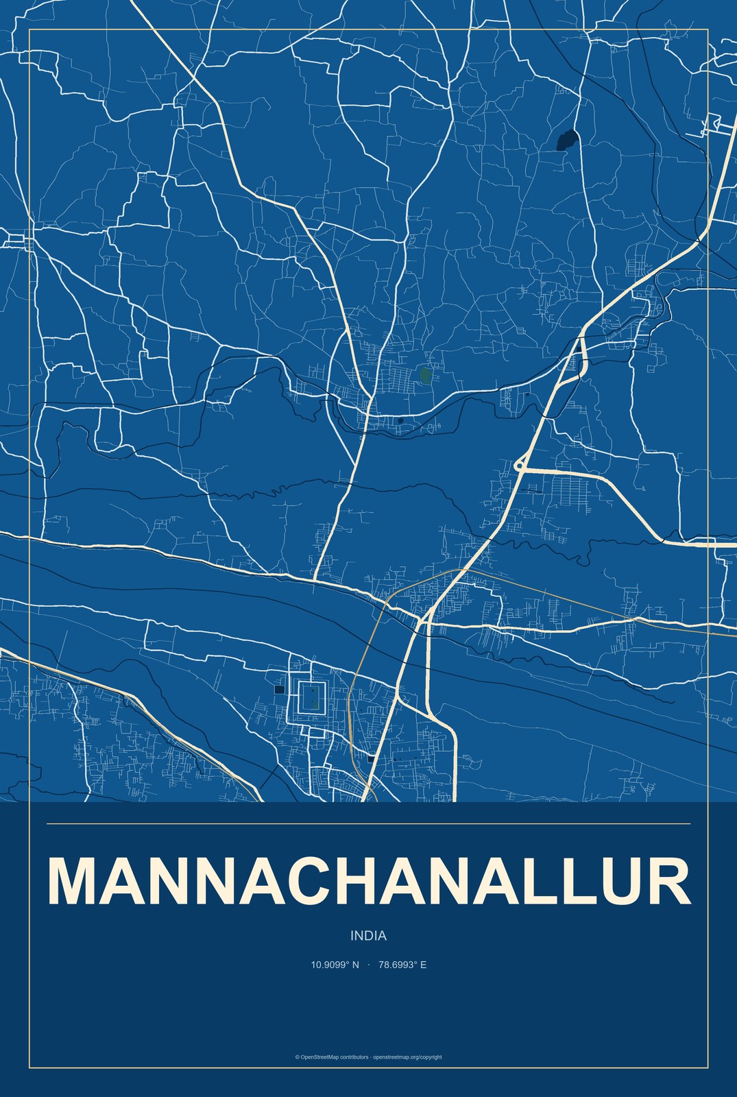 Mannachanallur, India City Map Aluminum Sign in Harbor Cobalt style