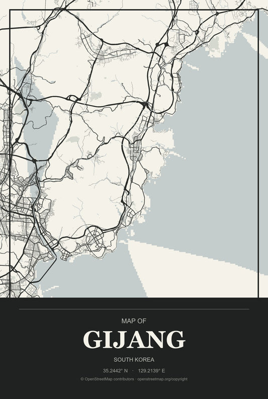 Gijang, South Korea City Map Aluminum Sign in Museum Plaque style