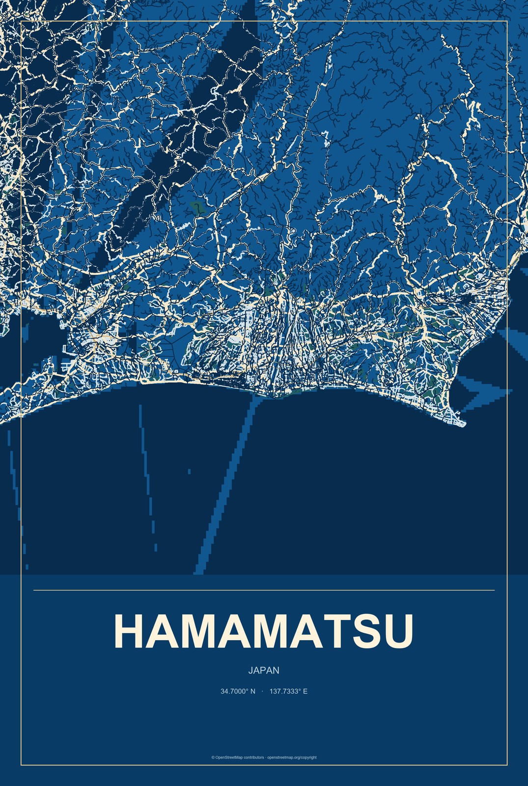 Hamamatsu, Japan City Map Aluminum Sign in Harbor Cobalt style