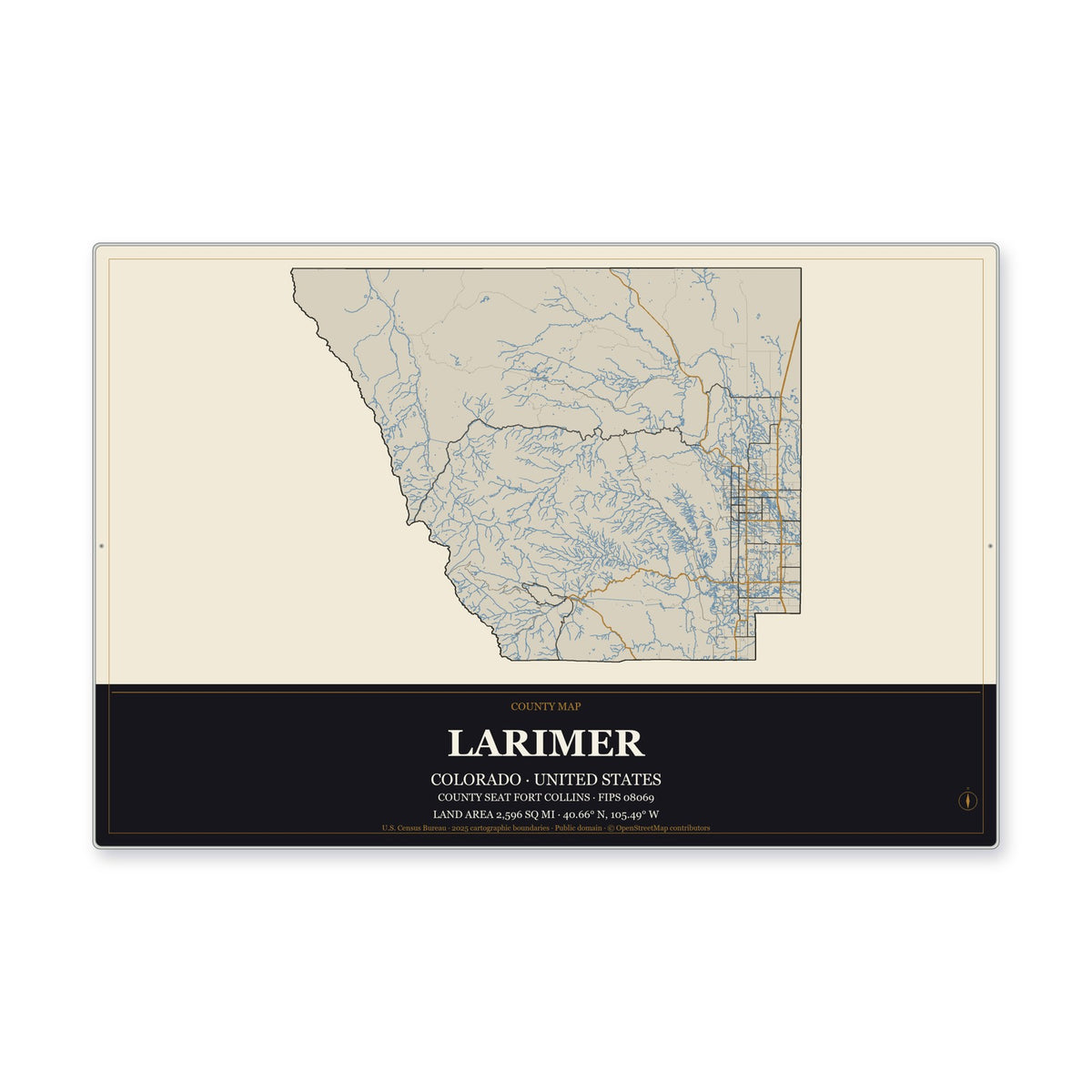Larimer County, Colorado Map Aluminum Sign in Museum Plaque style