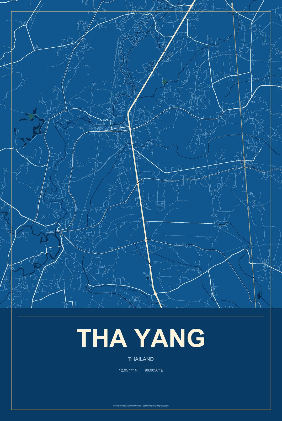 Tha Yang, Thailand City Map Aluminum Sign in Harbor Cobalt style