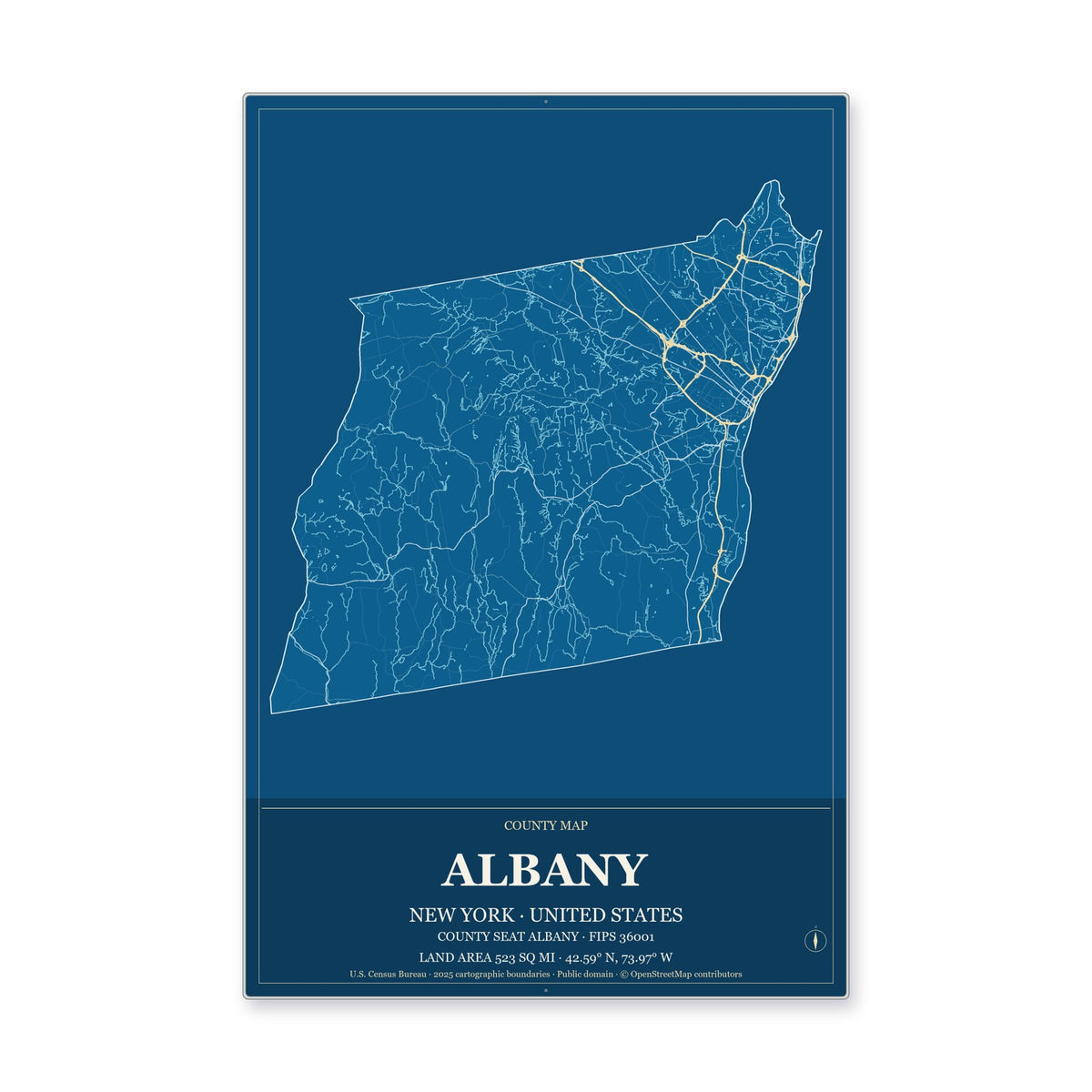 Albany County, New York Map Aluminum Sign in Harbor Cobalt style
