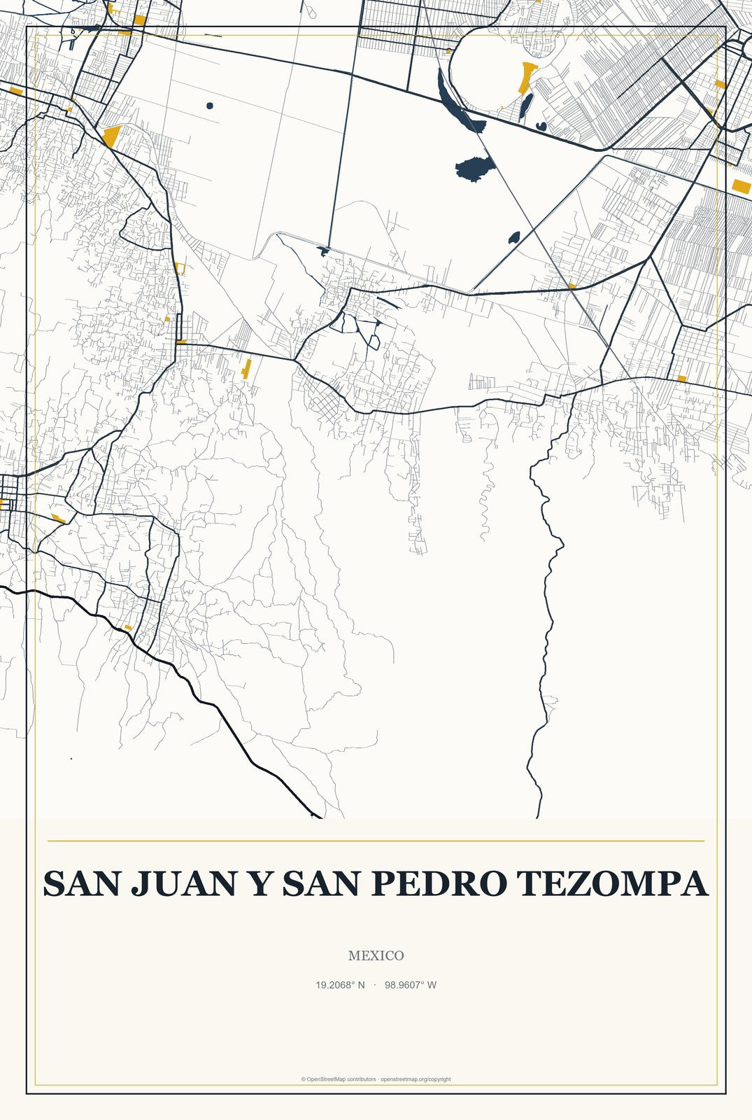 San Juan y San Pedro Tezompa, Mexico City Map Aluminum Sign in Citrine Modern style