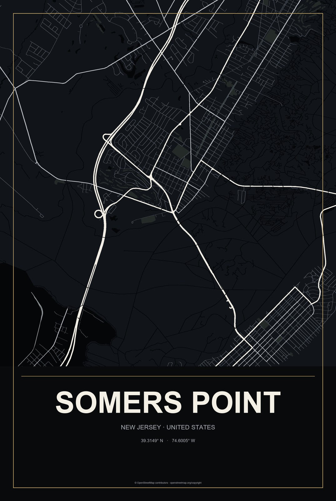 Somers Point, New Jersey City Map Aluminum Sign in Metropolitan Noir style