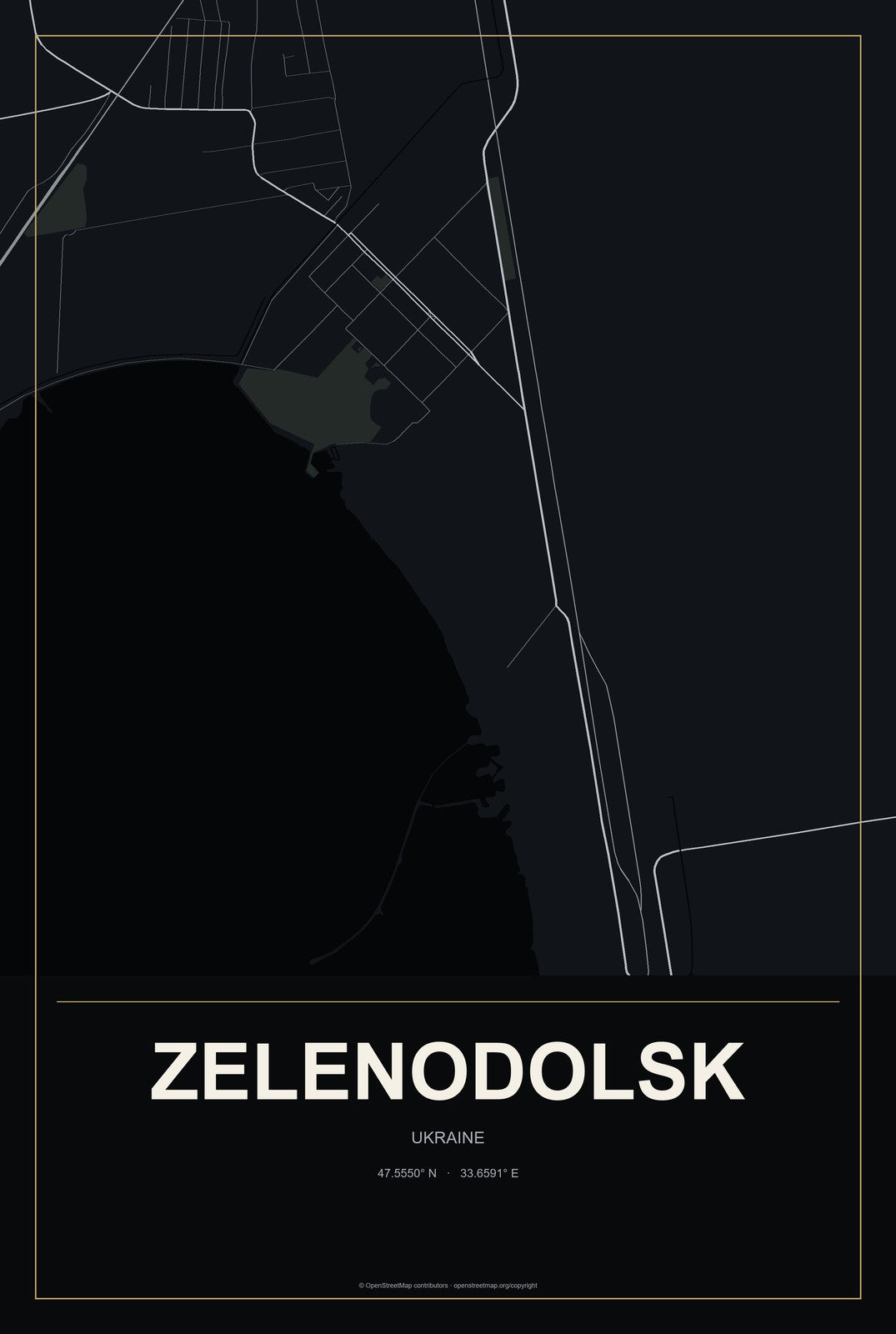 Zelenodolsk, Ukraine City Map Aluminum Sign in Metropolitan Noir style