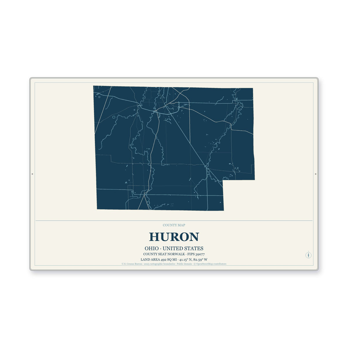 Huron County, Ohio Map Aluminum Sign in Coastal Cutout style