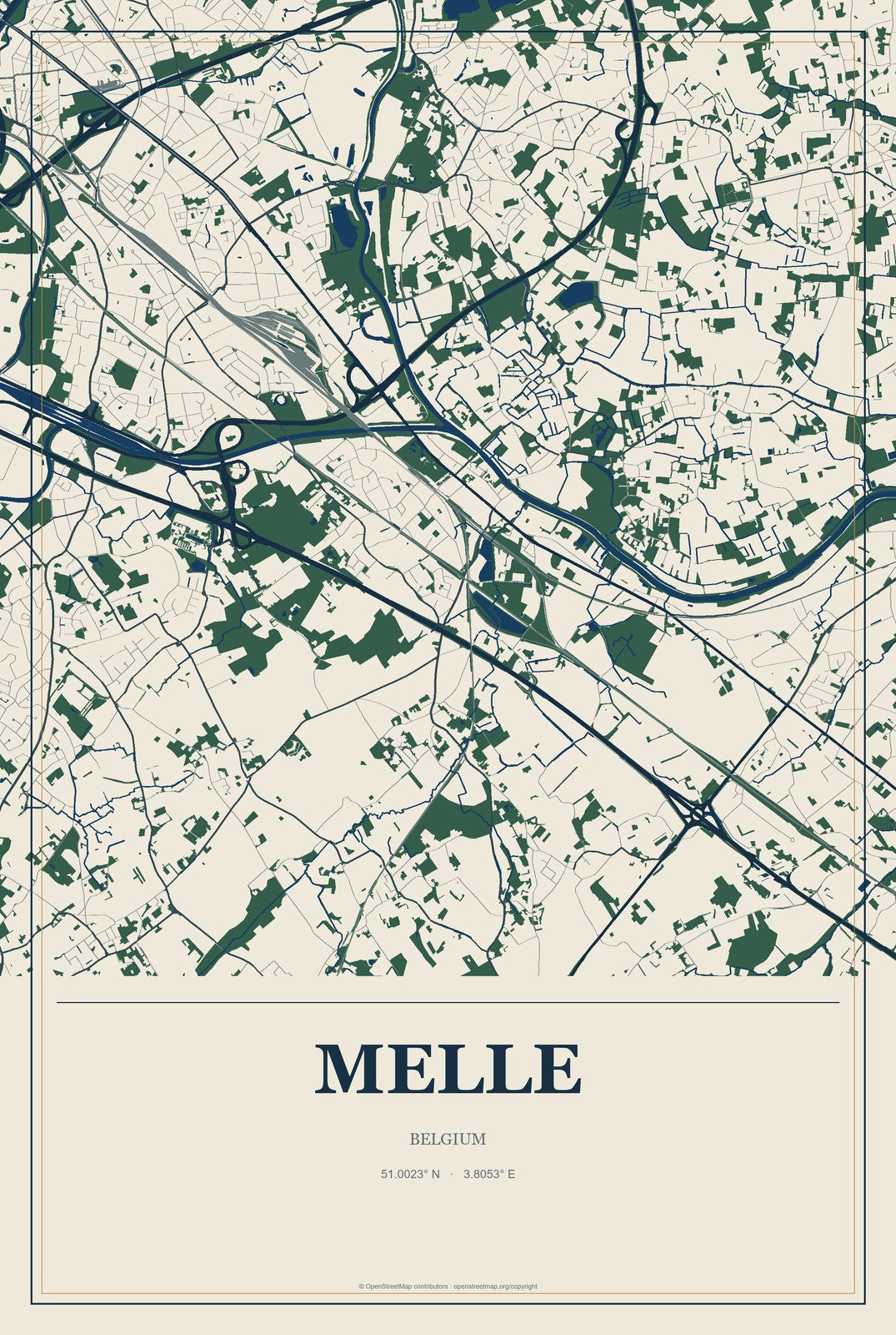 Melle, Belgium City Map Aluminum Sign in Coastal Cutout style