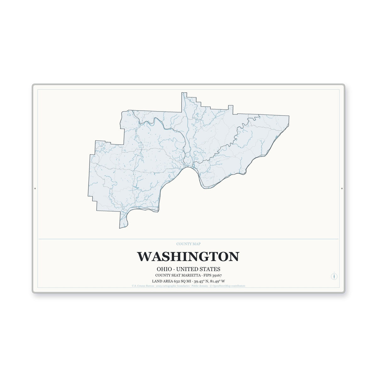 Washington County, Ohio Map Aluminum Sign in Gallery Air style