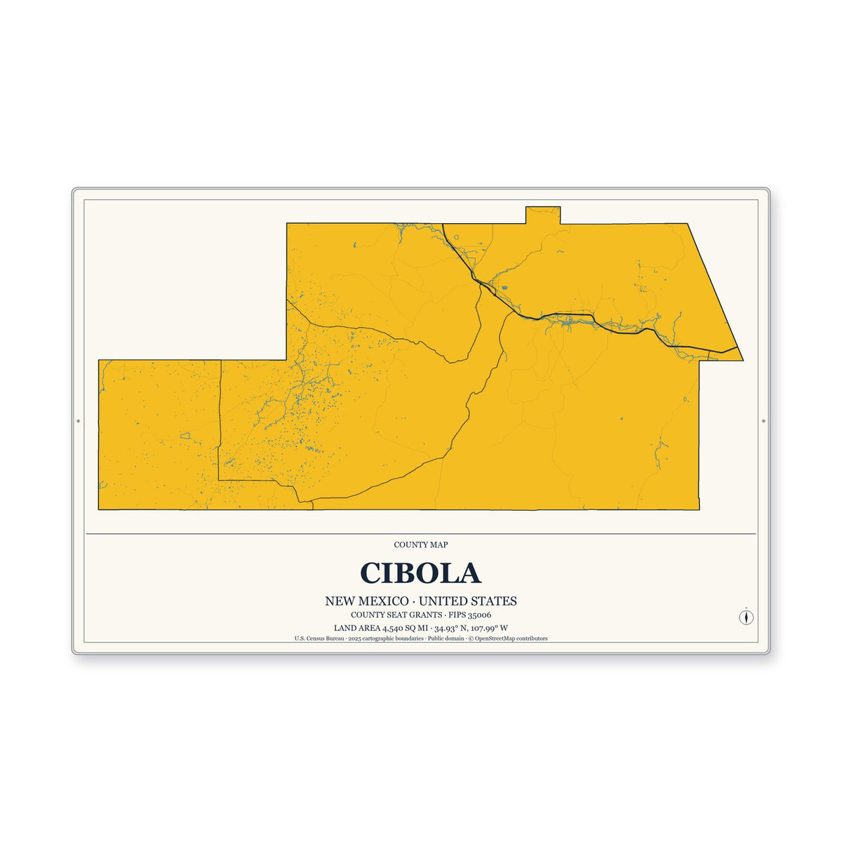 Cibola County, New Mexico Map Aluminum Sign in Citrine Modern style