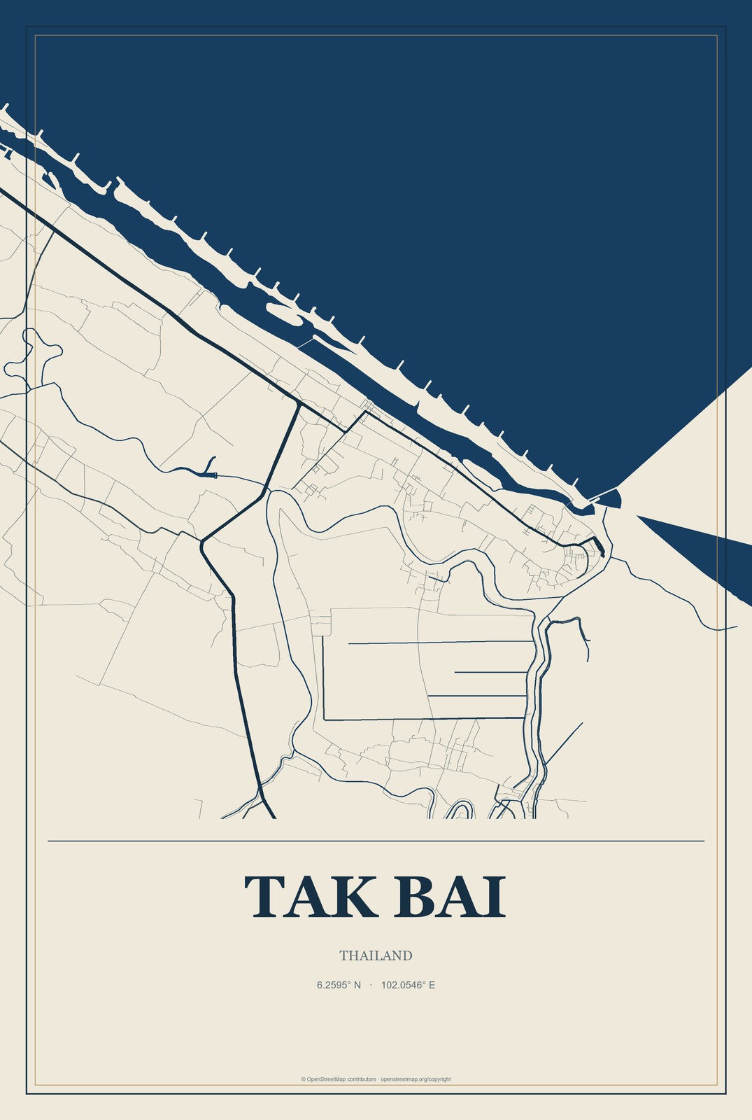 Tak Bai, Thailand City Map Aluminum Sign in Coastal Cutout style