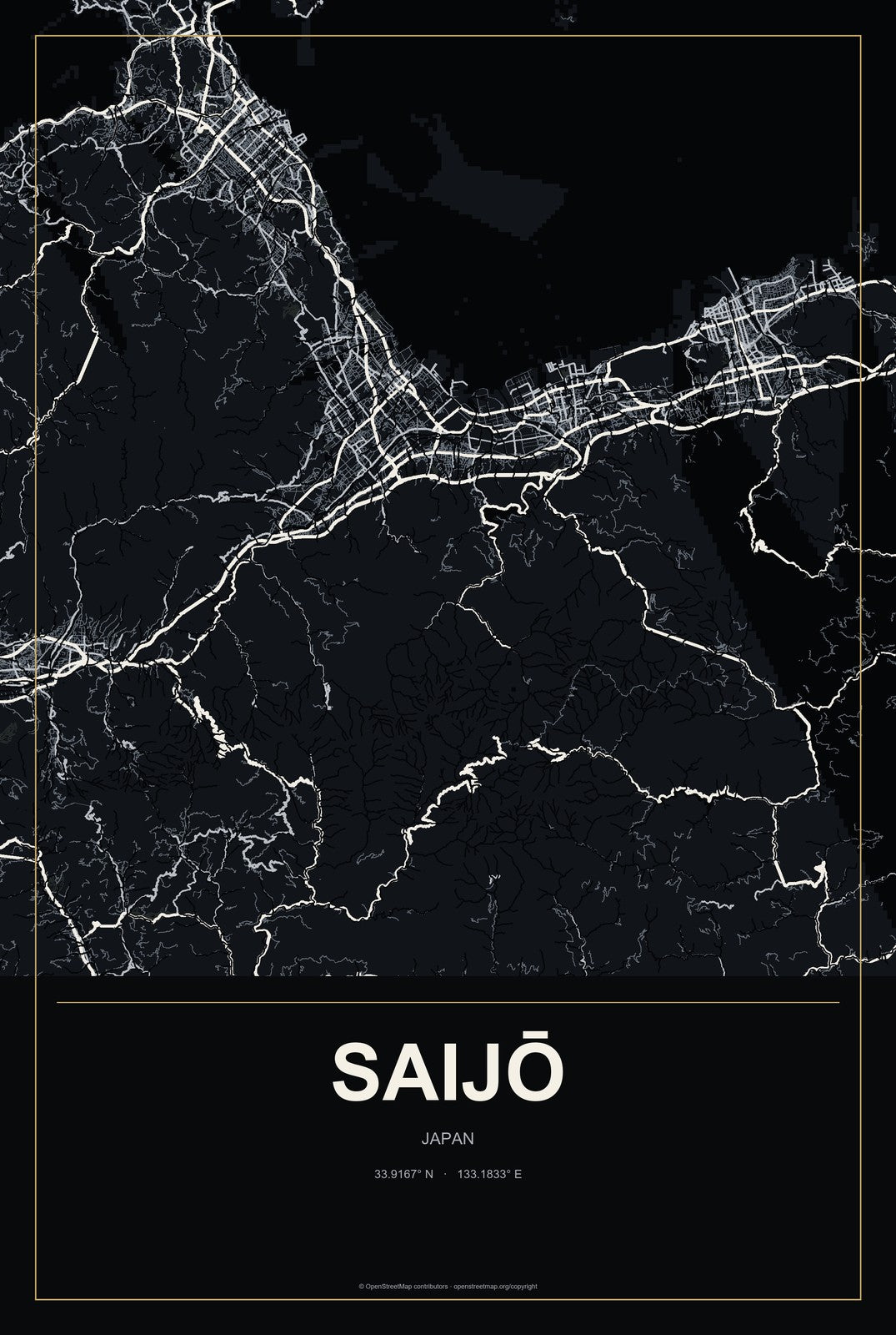 Saijō, Japan City Map Aluminum Sign in Metropolitan Noir style