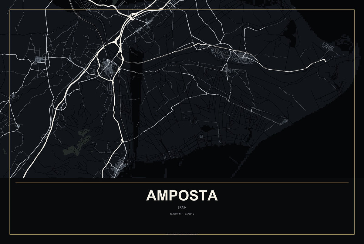 Amposta, Spain City Map Aluminum Sign in Metropolitan Noir style