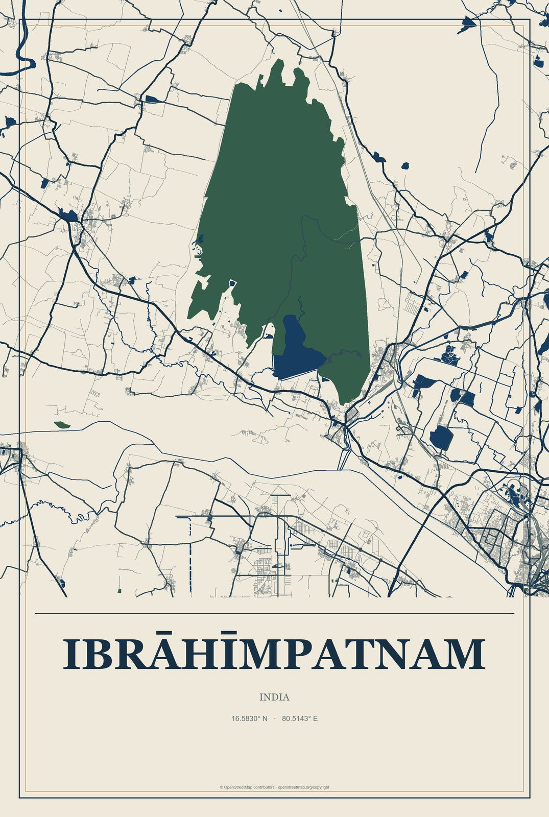 Ibrāhīmpatnam, India City Map Aluminum Sign in Coastal Cutout style
