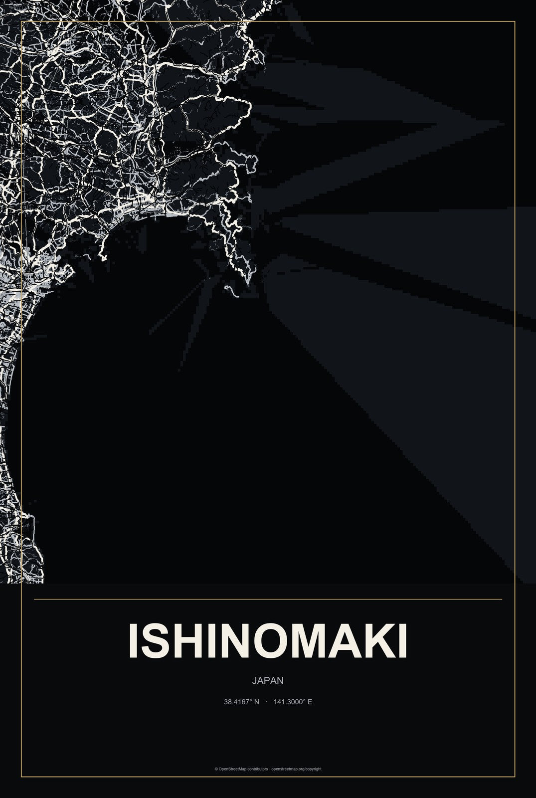 Ishinomaki, Japan City Map Aluminum Sign in Metropolitan Noir style