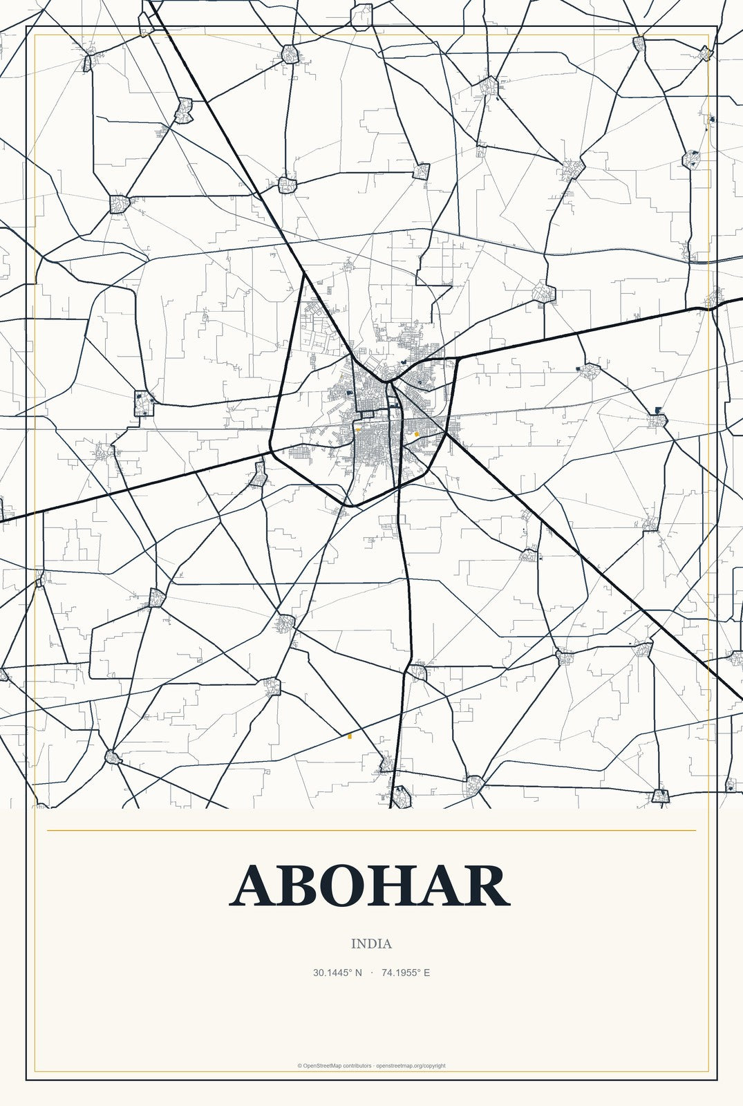 Abohar, India City Map Aluminum Sign in Citrine Modern style