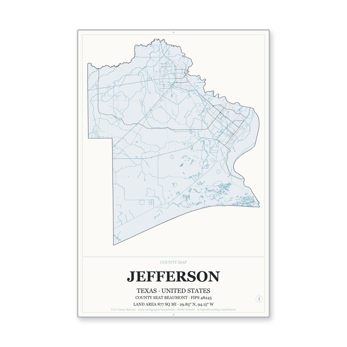 Jefferson County, Texas Map Aluminum Sign in Gallery Air style