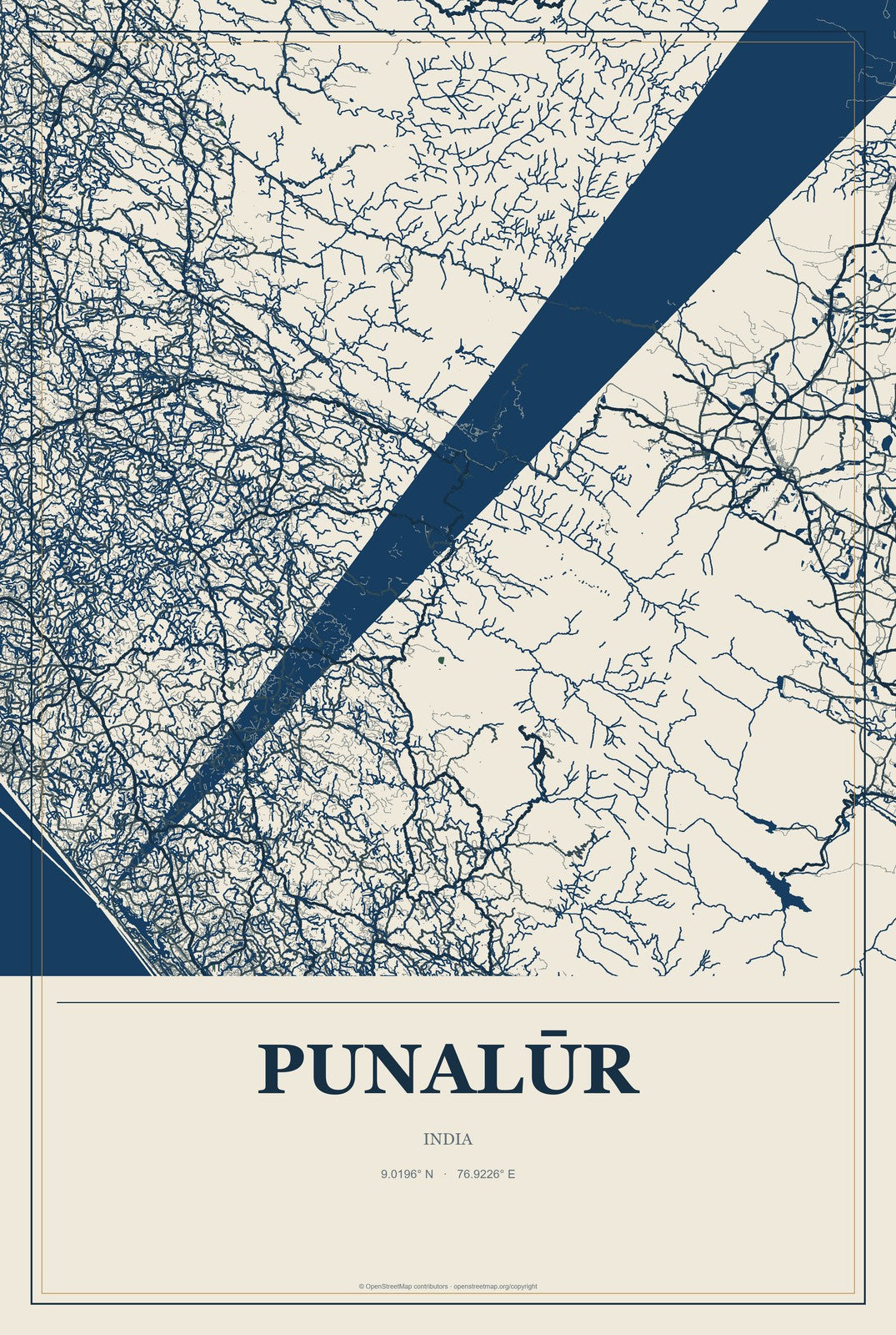 Punalūr, India City Map Aluminum Sign in Coastal Cutout style