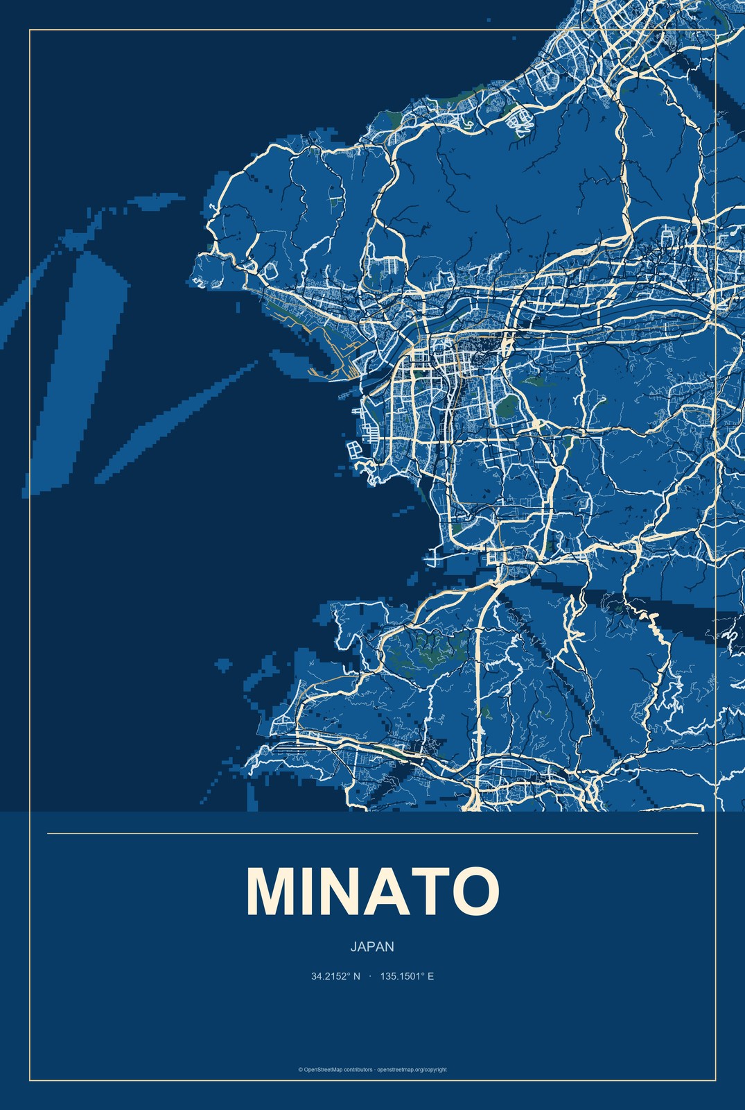 Minato, Japan City Map Aluminum Sign in Harbor Cobalt style