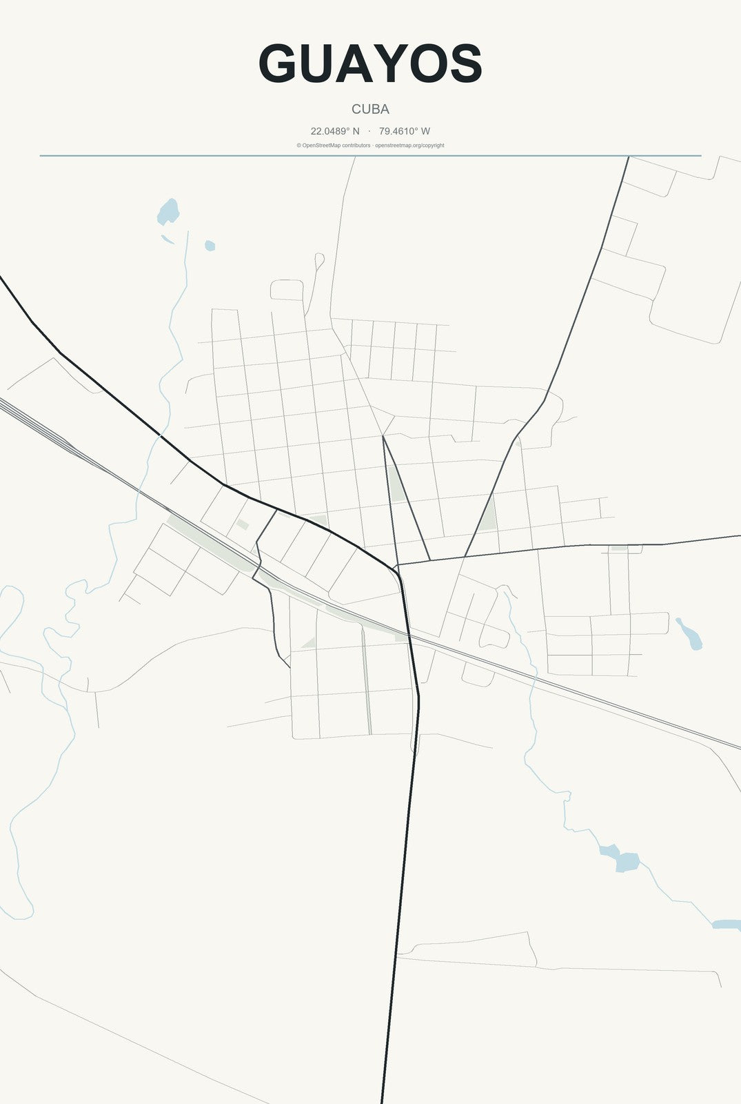 Guayos, Cuba City Map Aluminum Sign in Headline Atlas style