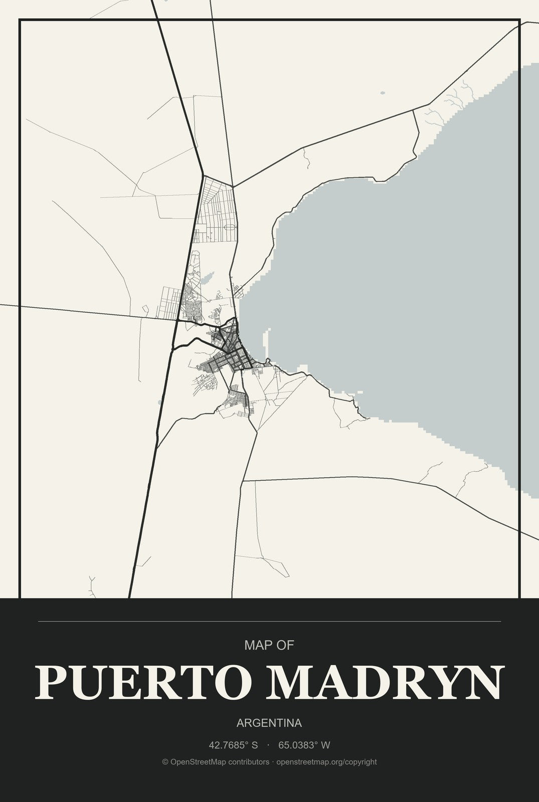 Puerto Madryn, Argentina City Map Aluminum Sign in Museum Plaque style