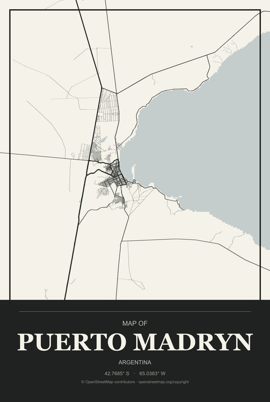 Puerto Madryn, Argentina City Map Aluminum Sign in Museum Plaque style