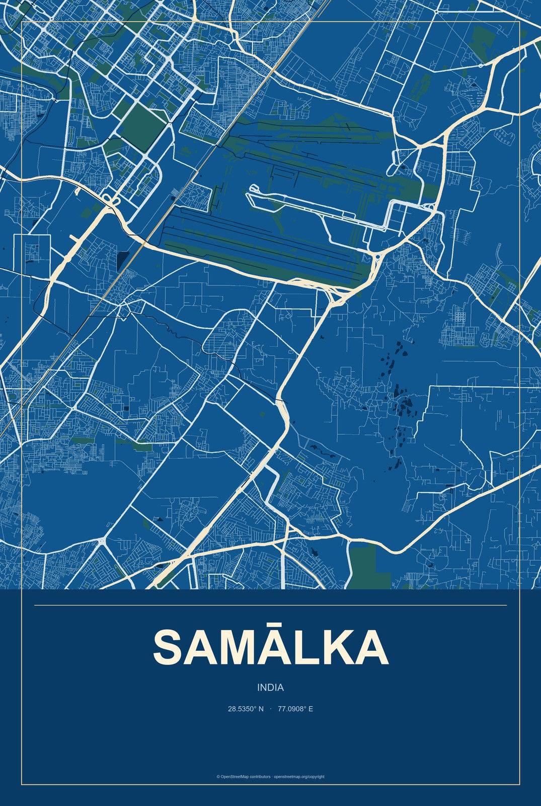 Samālka, India City Map Aluminum Sign in Harbor Cobalt style