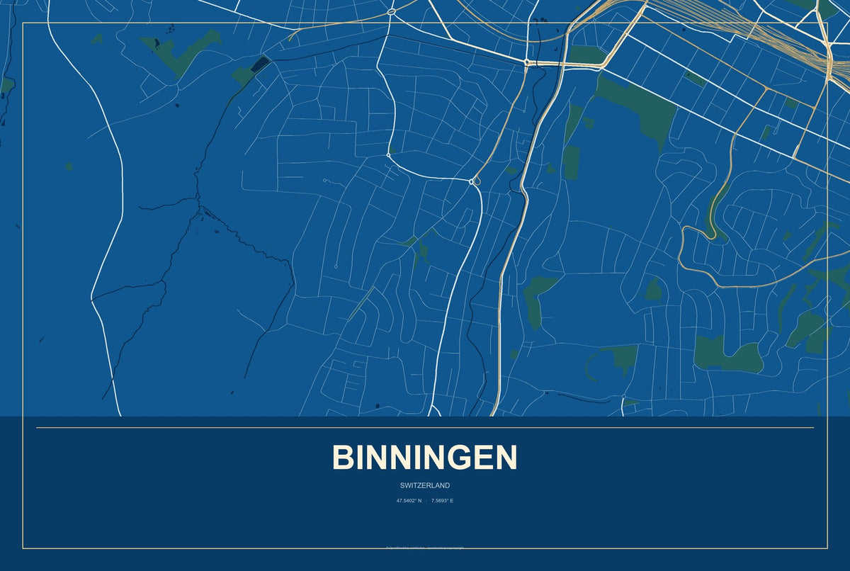 Binningen, Switzerland City Map Aluminum Sign in Harbor Cobalt style