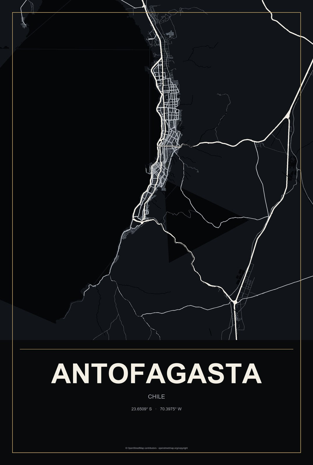Antofagasta, Chile City Map Aluminum Sign in Metropolitan Noir style