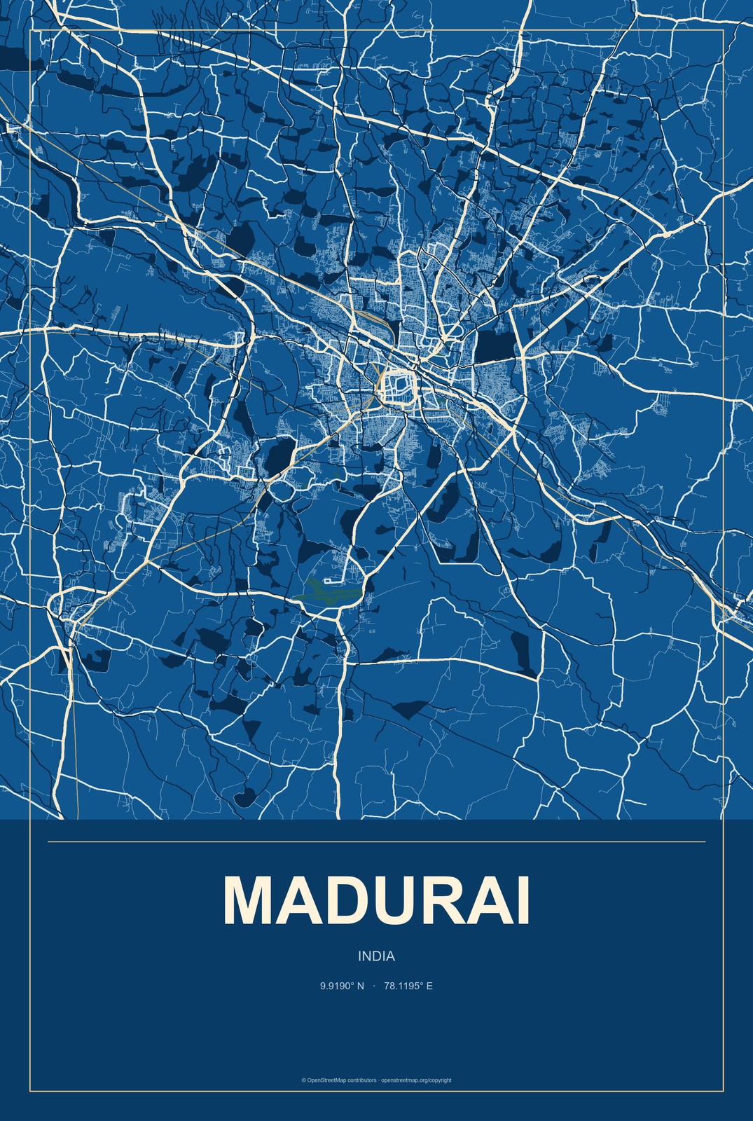 Madurai, India City Map Aluminum Sign in Harbor Cobalt style