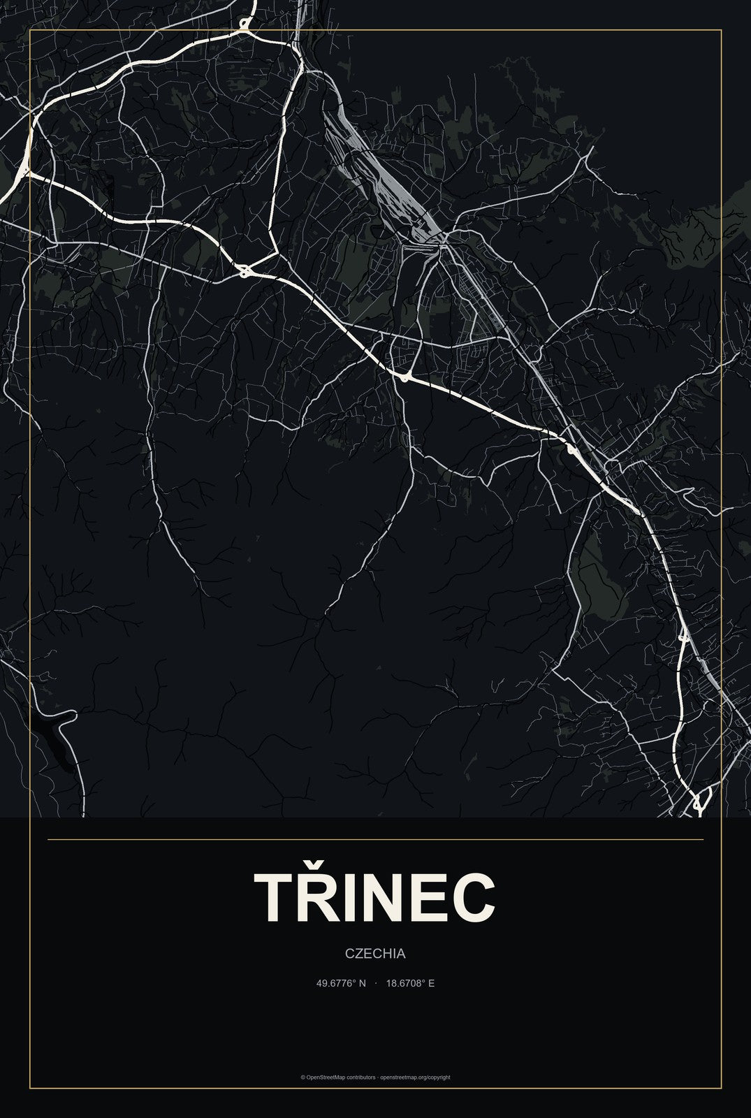 Třinec, Czechia City Map Aluminum Sign in Metropolitan Noir style