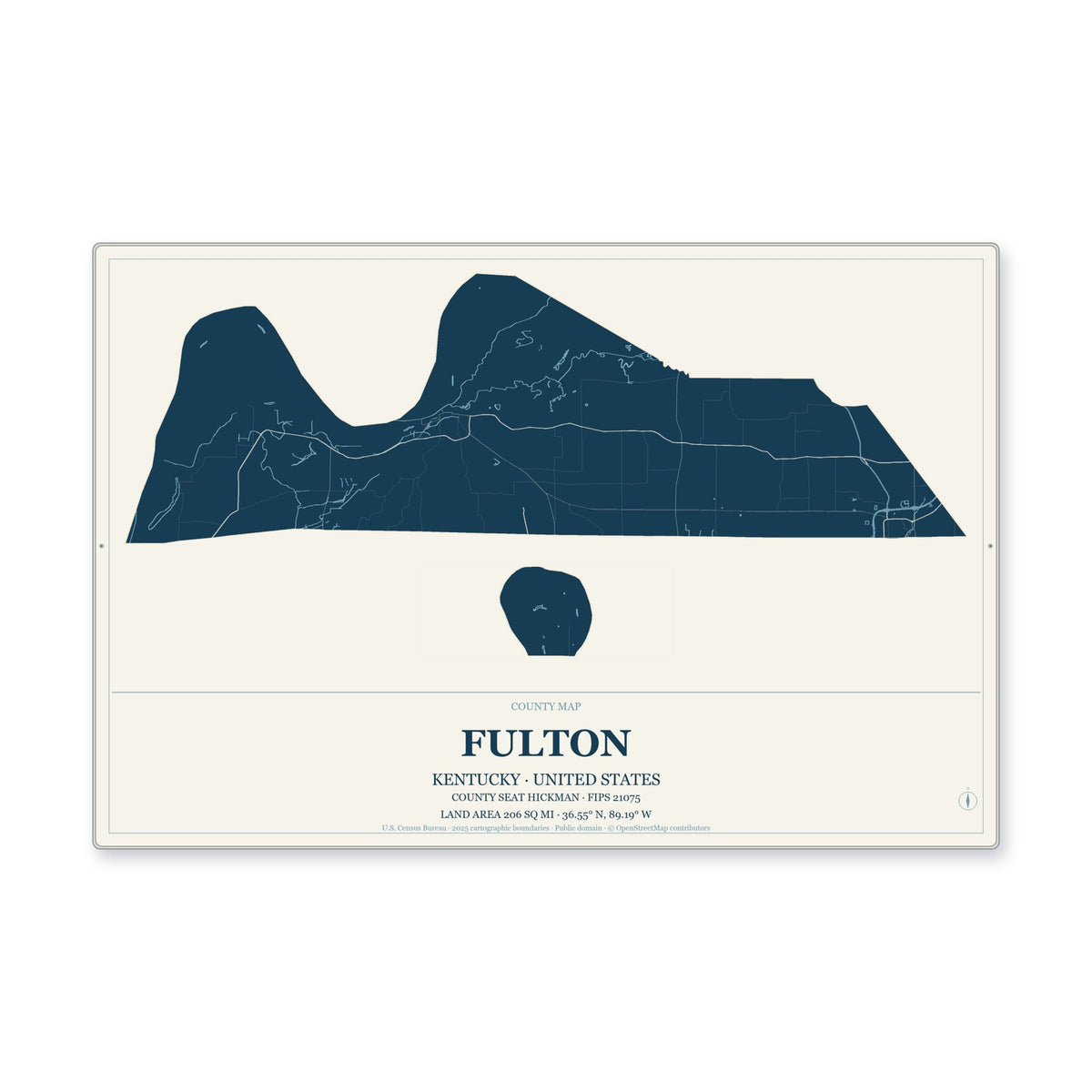 Fulton County, Kentucky Map Aluminum Sign in Coastal Cutout style
